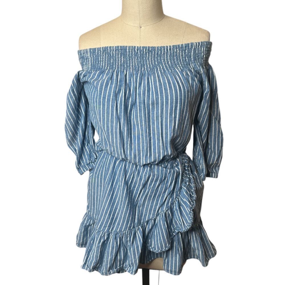 Tularosa Blue White Stripe Off The Shoulder 3/4 Sleeve Mini Dress Women's Size S